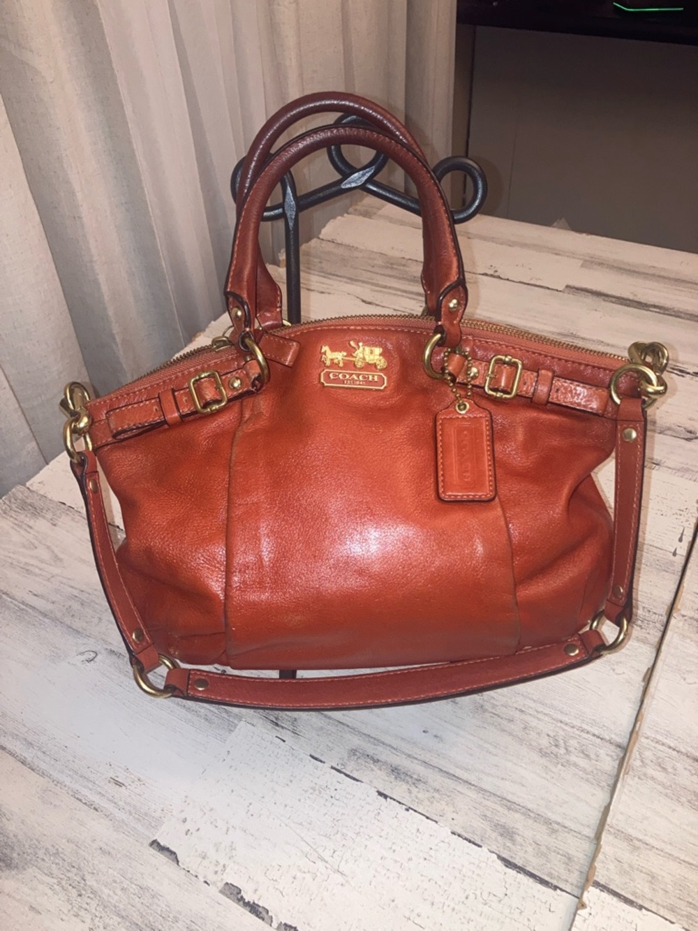 Genuine Coach Madison Lyndsey Vintage Leather 2 WaySatchel Dark Pumpkin Orange - Picture 1 of 15